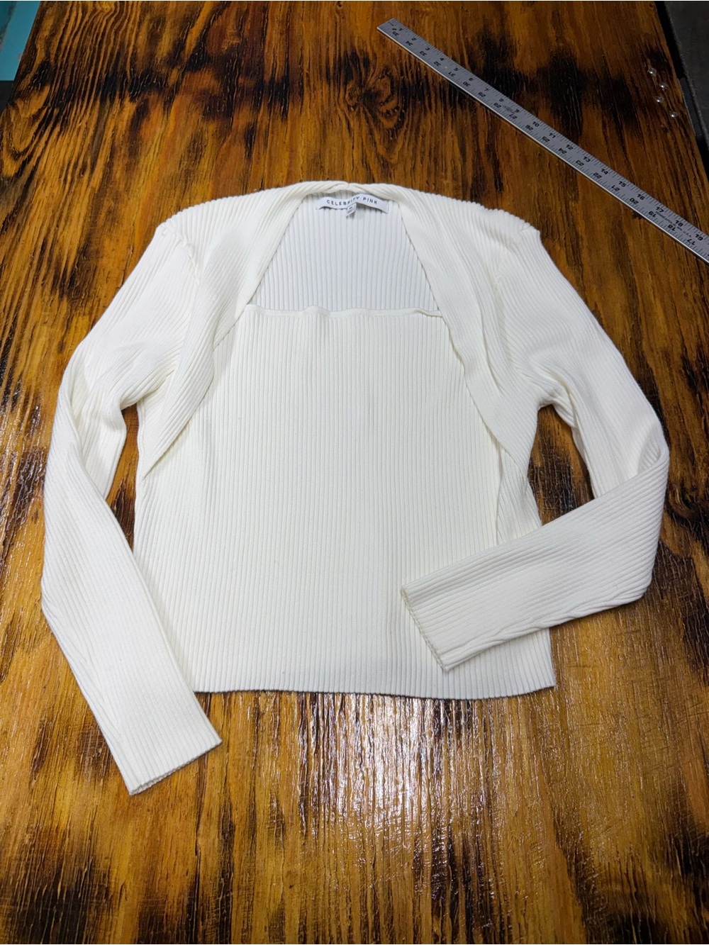 Celebrity Pink Cream Ribbed Square-Neck Long Sleeve Top